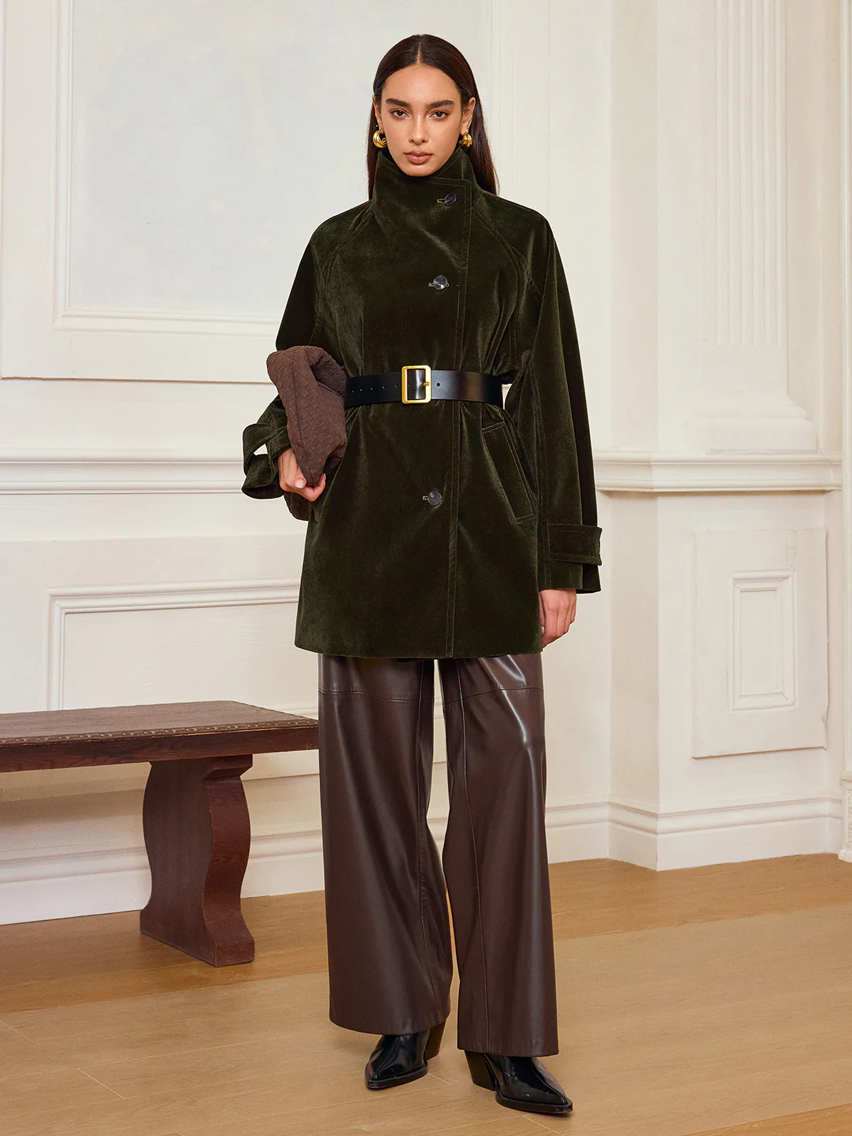 Pocketed Velvet Coat without Belt - Wholesalesil