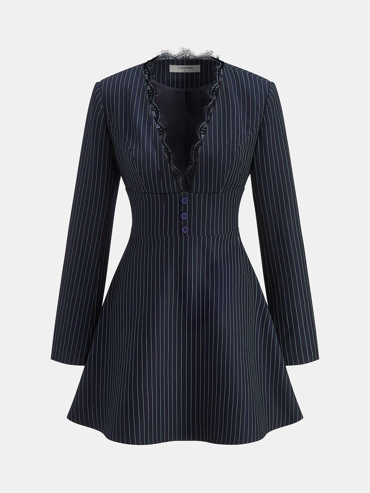 Lace Trim Pinstripe Flared Dress with Tie Neck - Wholesalesil