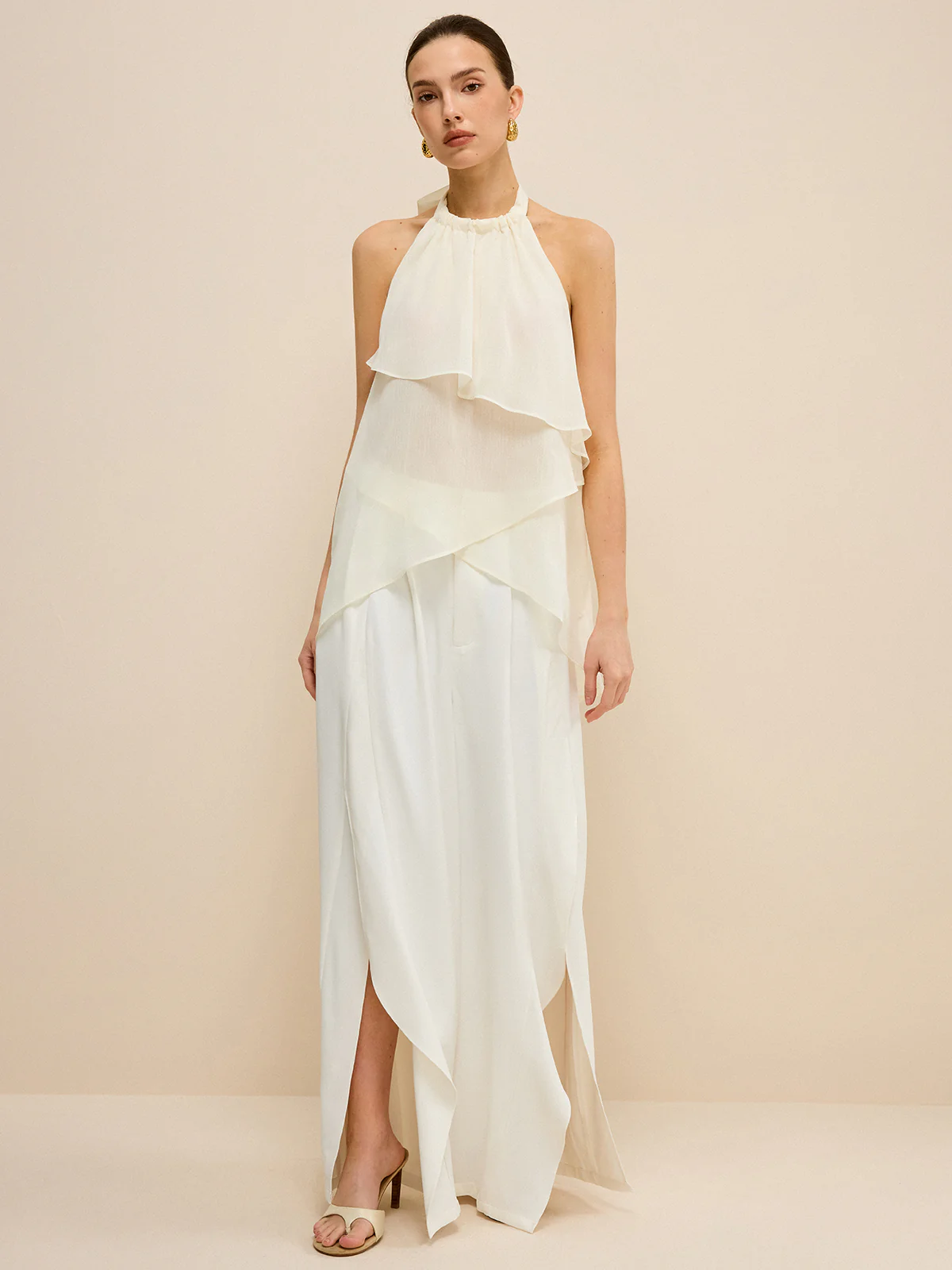 Semi-Sheer Layered Asymmetric Halter Chiffon Top - Wholesalesil