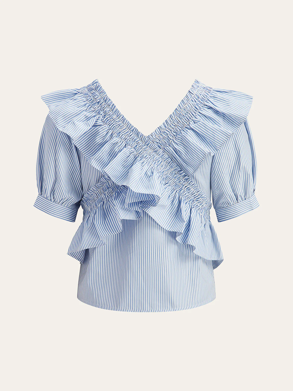 Striped Ruffle V-Neck Puff Sleeve Top - Wholesalesil