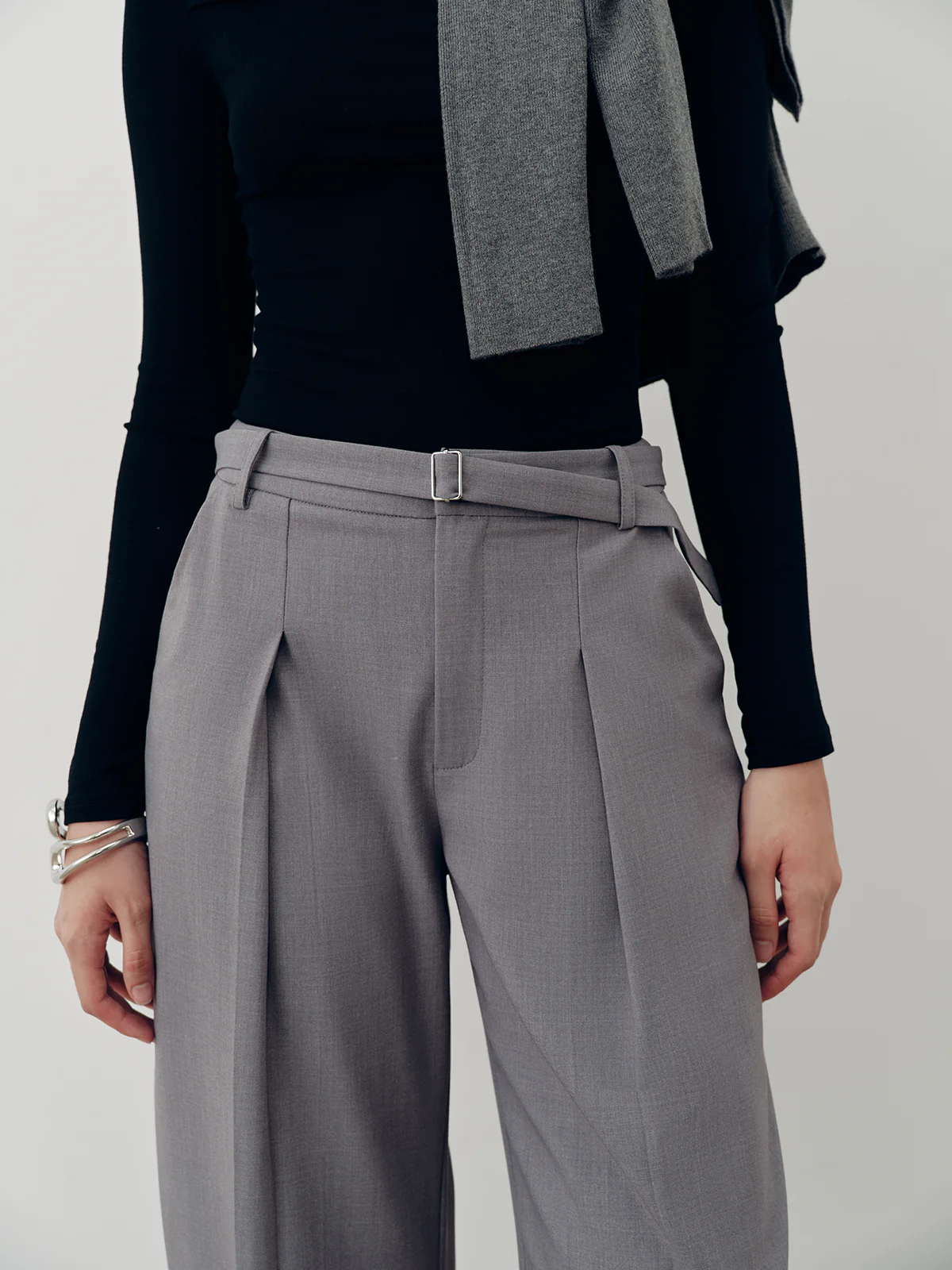 Mid-Waist Belted Pleated Pants - Wholesalesil