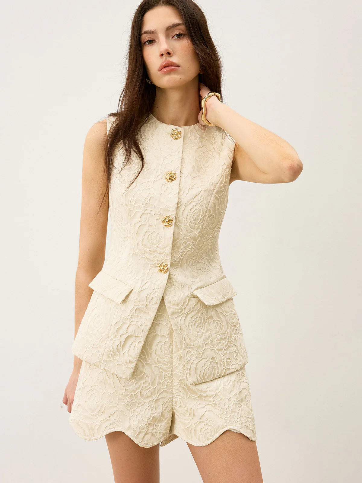 Textured Jacquard Vest with Metal Button - Wholesalesil
