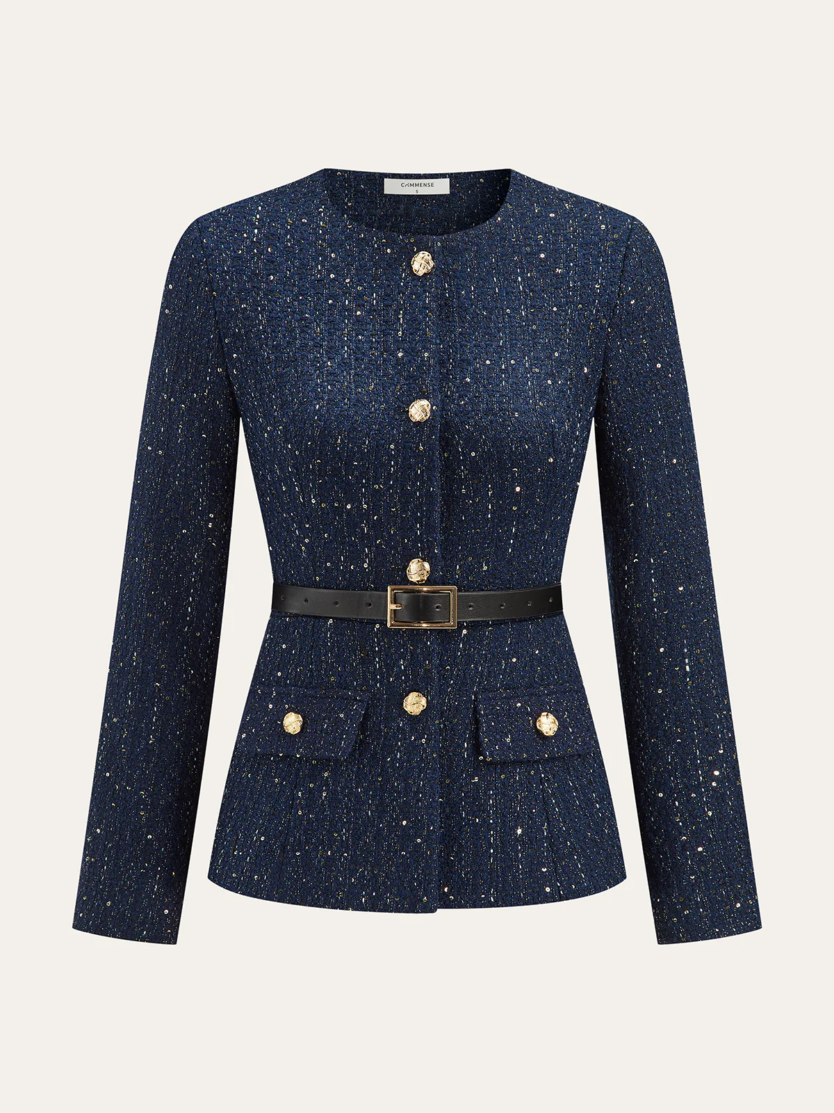 Metal Button Belted Tweed Jacket - Wholesalesil