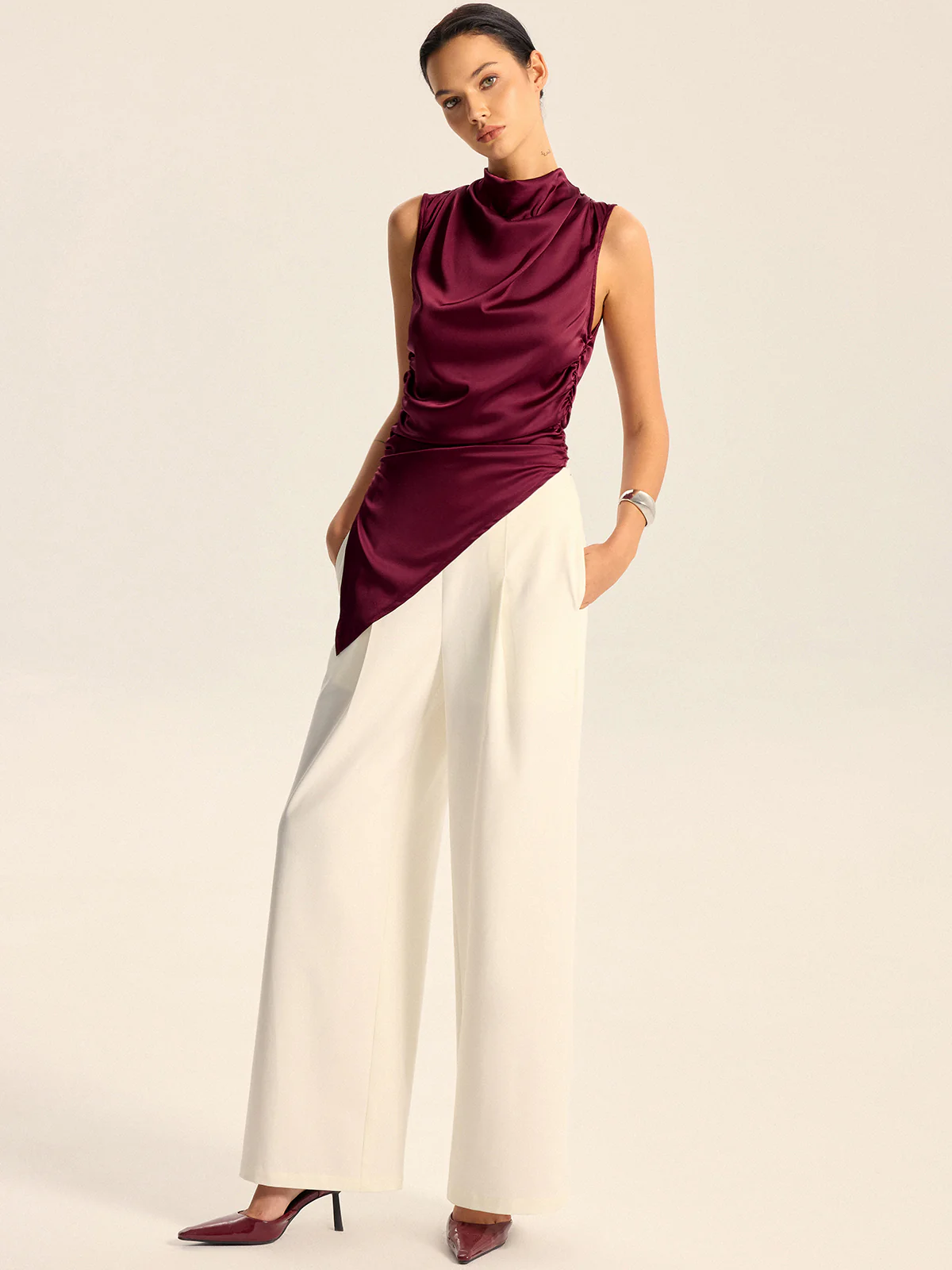 Satin Cowl Neck Asymmetric Hem Top with Back Zipper - Wholesalesil