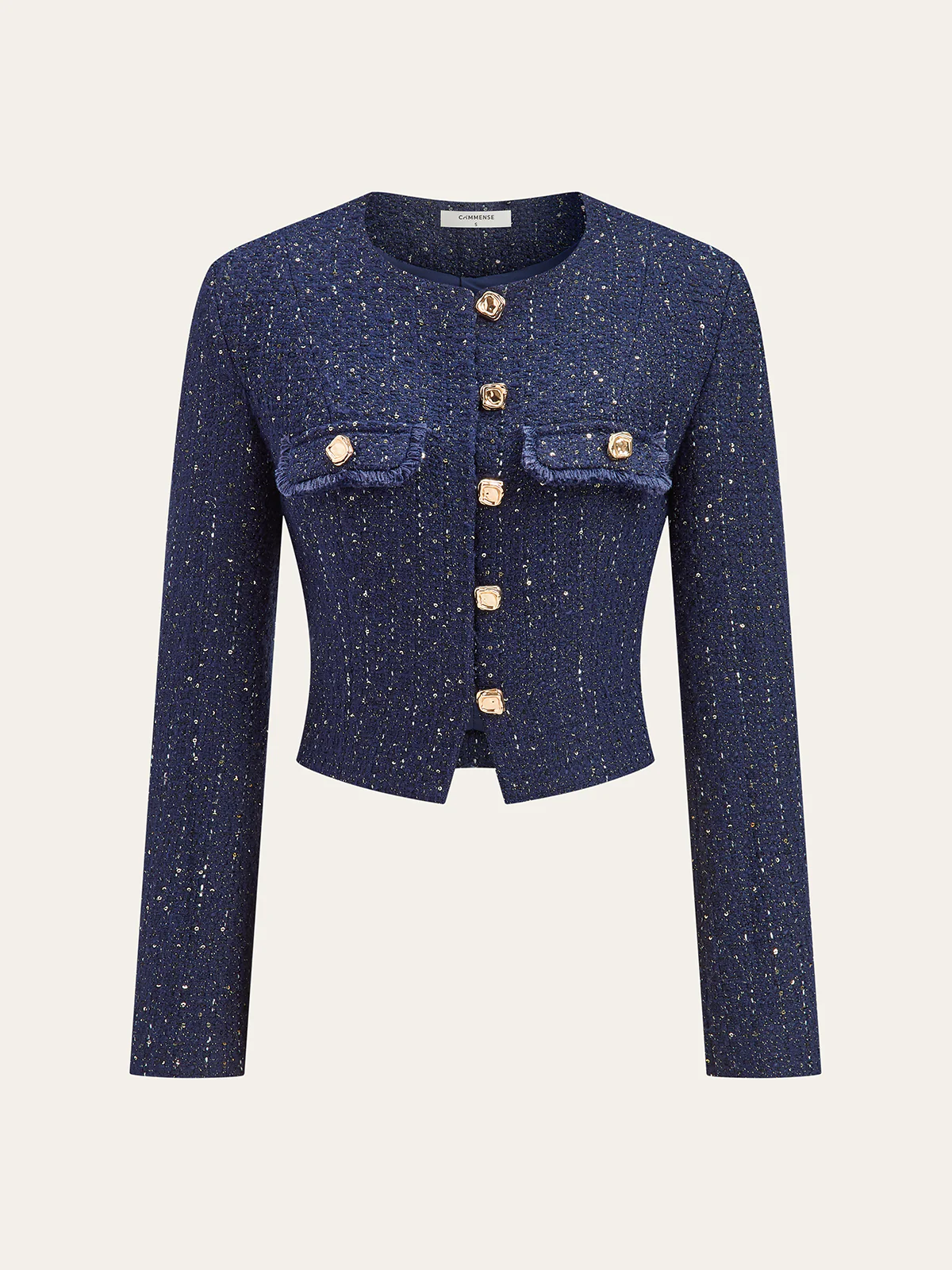 Metal Button Sequin Tweed Blazer - Wholesalesil
