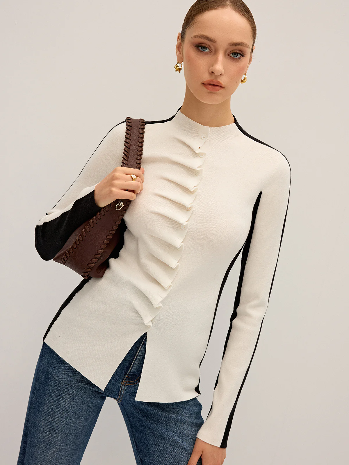 Ruffle Button Fitted Knit Top - Wholesalesil