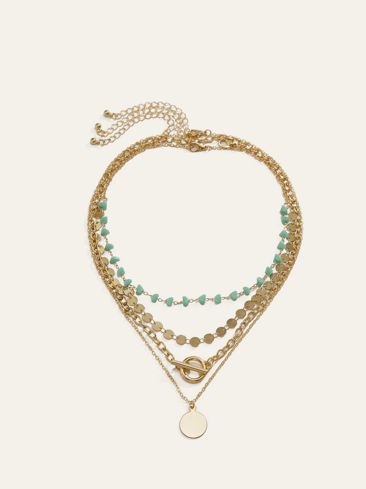 Layered Gold-Chain Necklace With Turquoise Beads And Circular Pendant - Wholesalesil