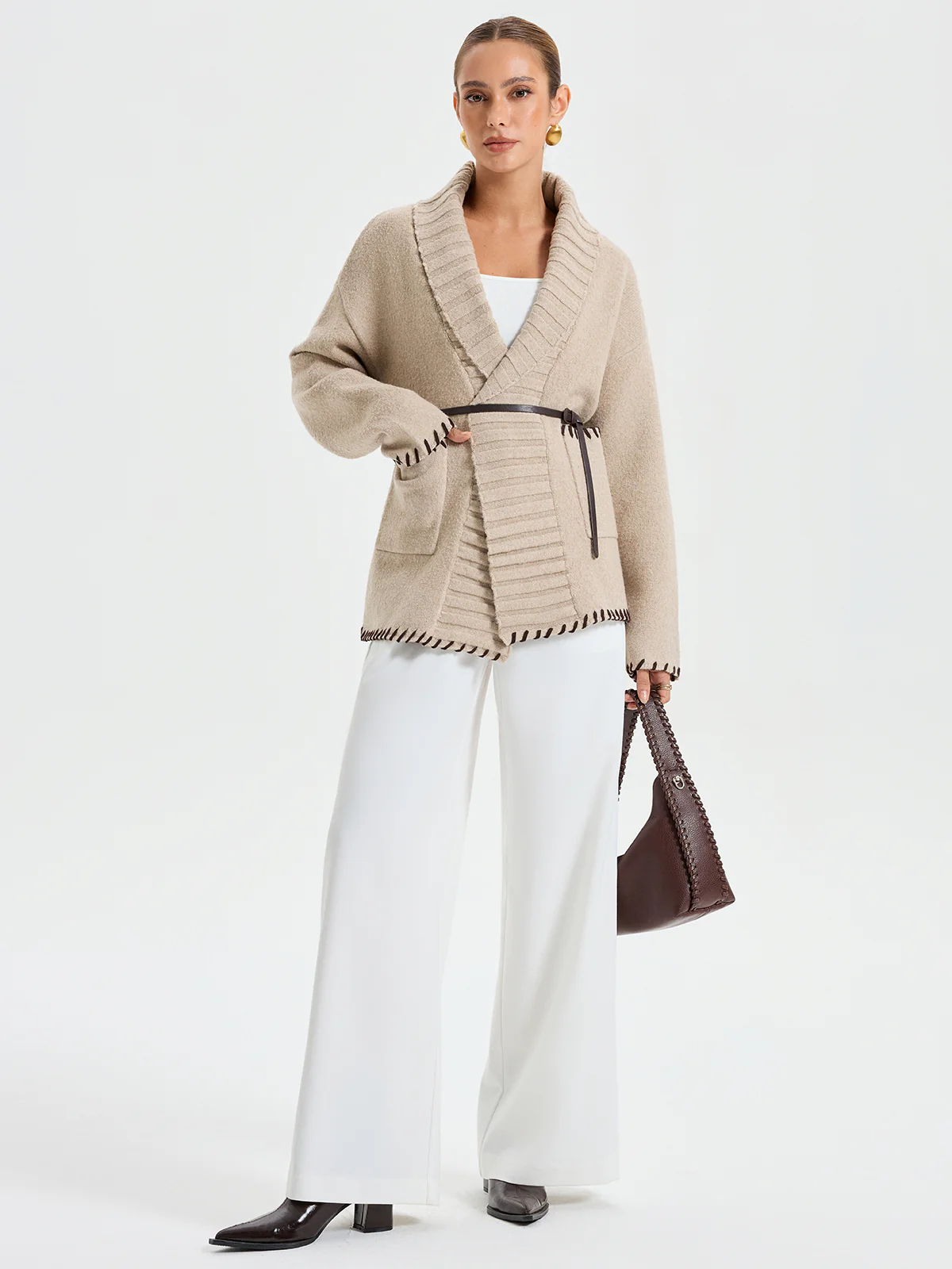 Contrast Stitched Shawl Collar Belted Knit Outerwear - Wholesalesil
