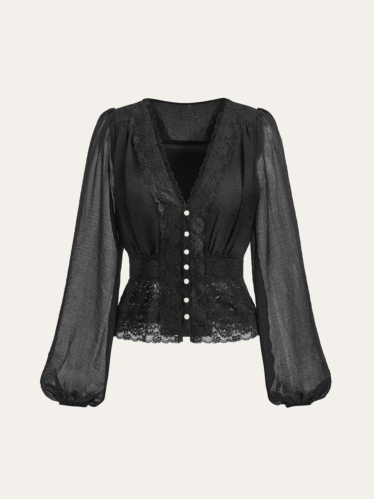 Semi-Sheer Lace Trim Pearl Button Top - Wholesalesil
