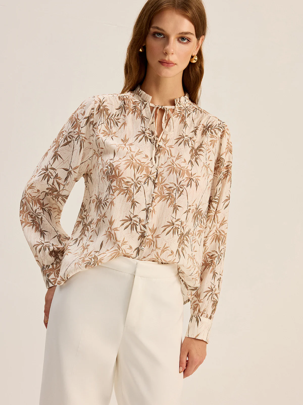 Leaf Printed Tie-Neck Rayon Shirt - Wholesalesil