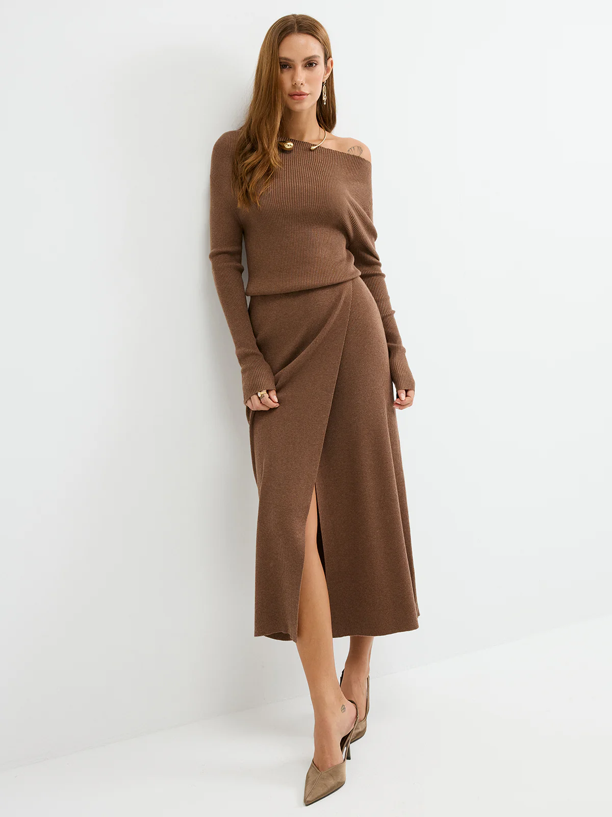 Off-Shoulder Ribbed Wool Blend Maxi Dress - Wholesalesil