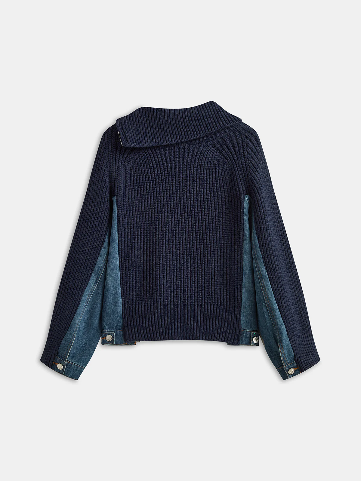 Asymmetric Zip Denim Panel Knit Cardigan - Wholesalesil