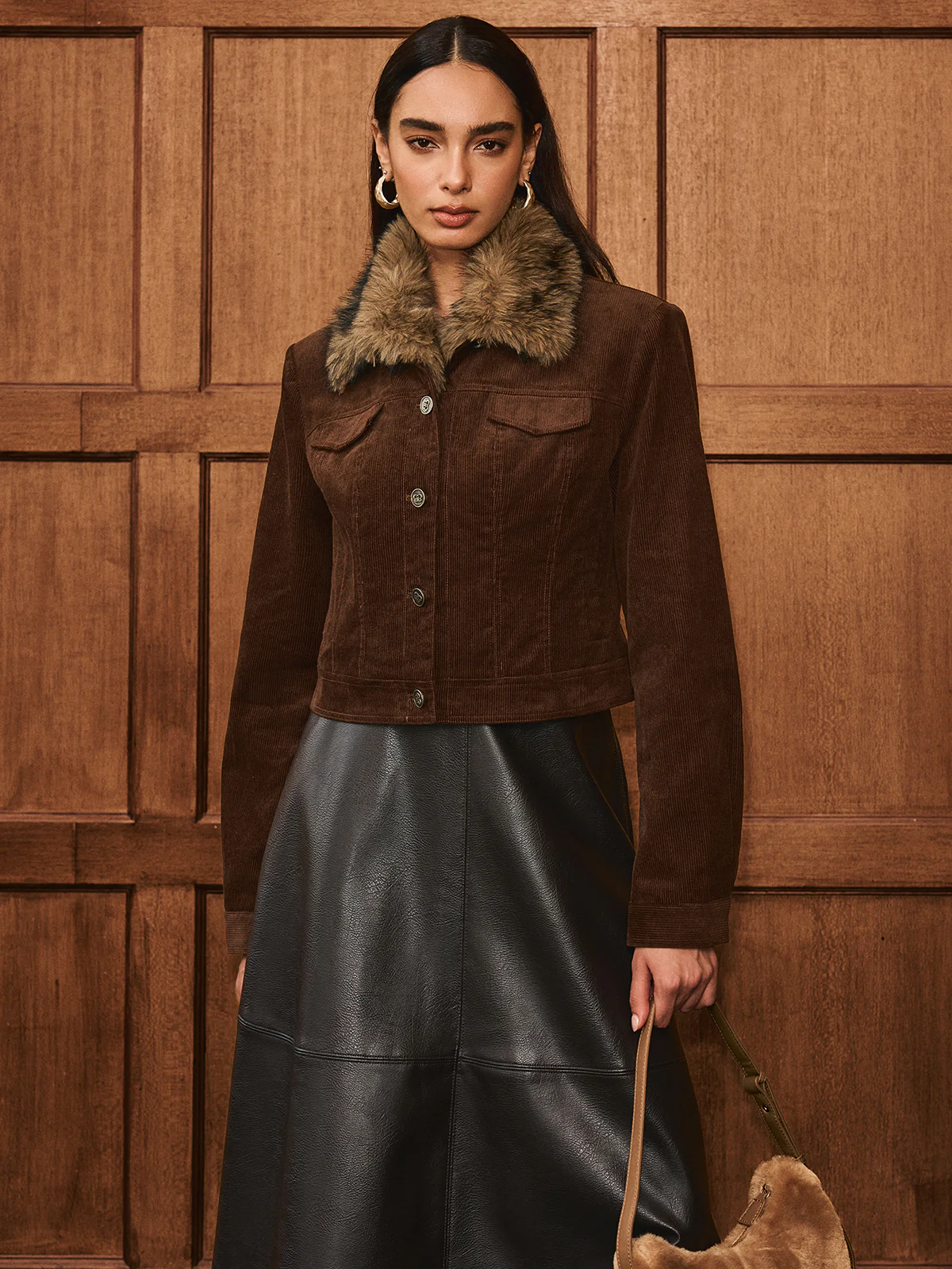 Faux Fur Collar Corduroy Jacket - Wholesalesil