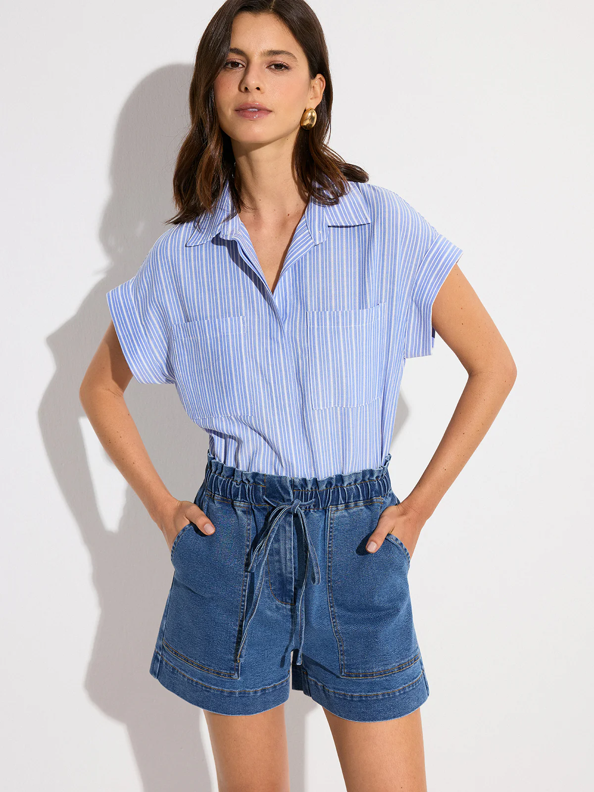 Denim Elastic-Waist Shorts with Drawstring - Wholesalesil