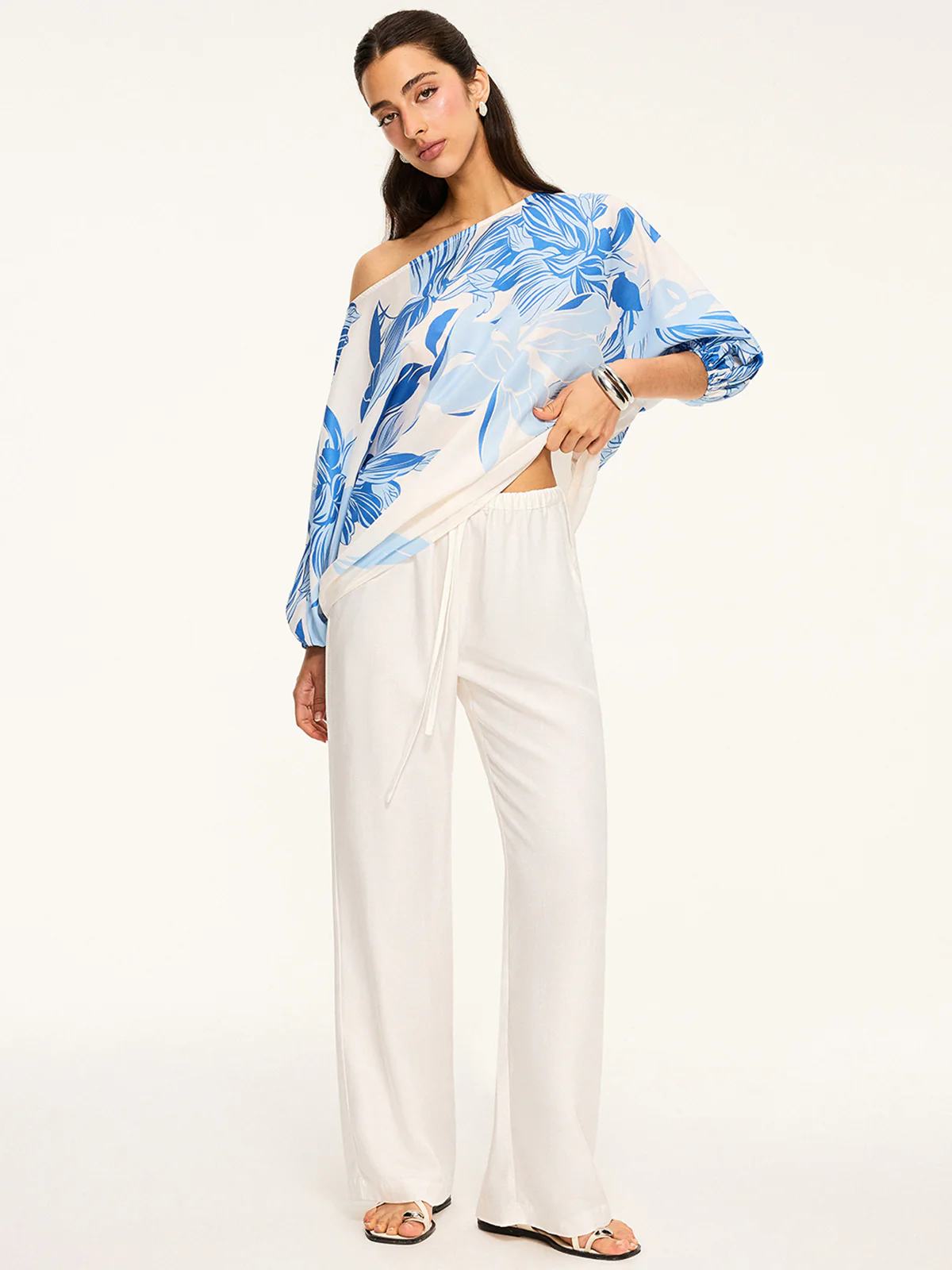 Semi-Sheer Off-Shoulder Floral Print Blouse - Wholesalesil