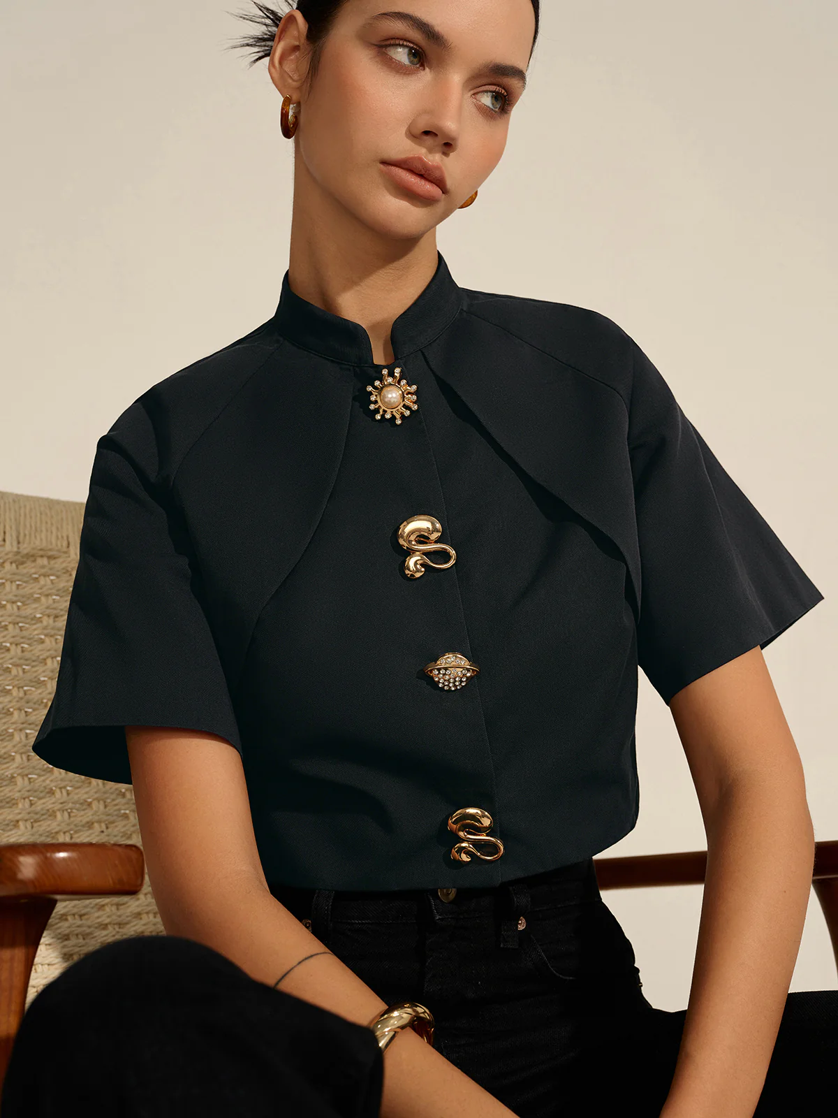 Metal Decor Cropped Blouse - Wholesalesil