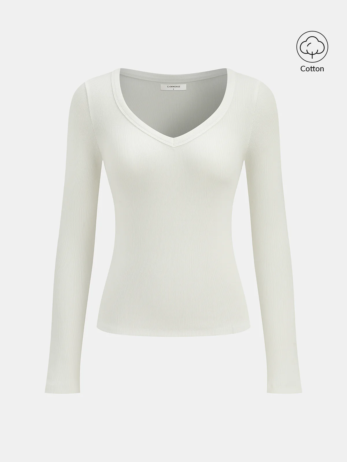 Cotton Blend Ribbed V-Neck Long Sleeve T-Shirt - Wholesalesil