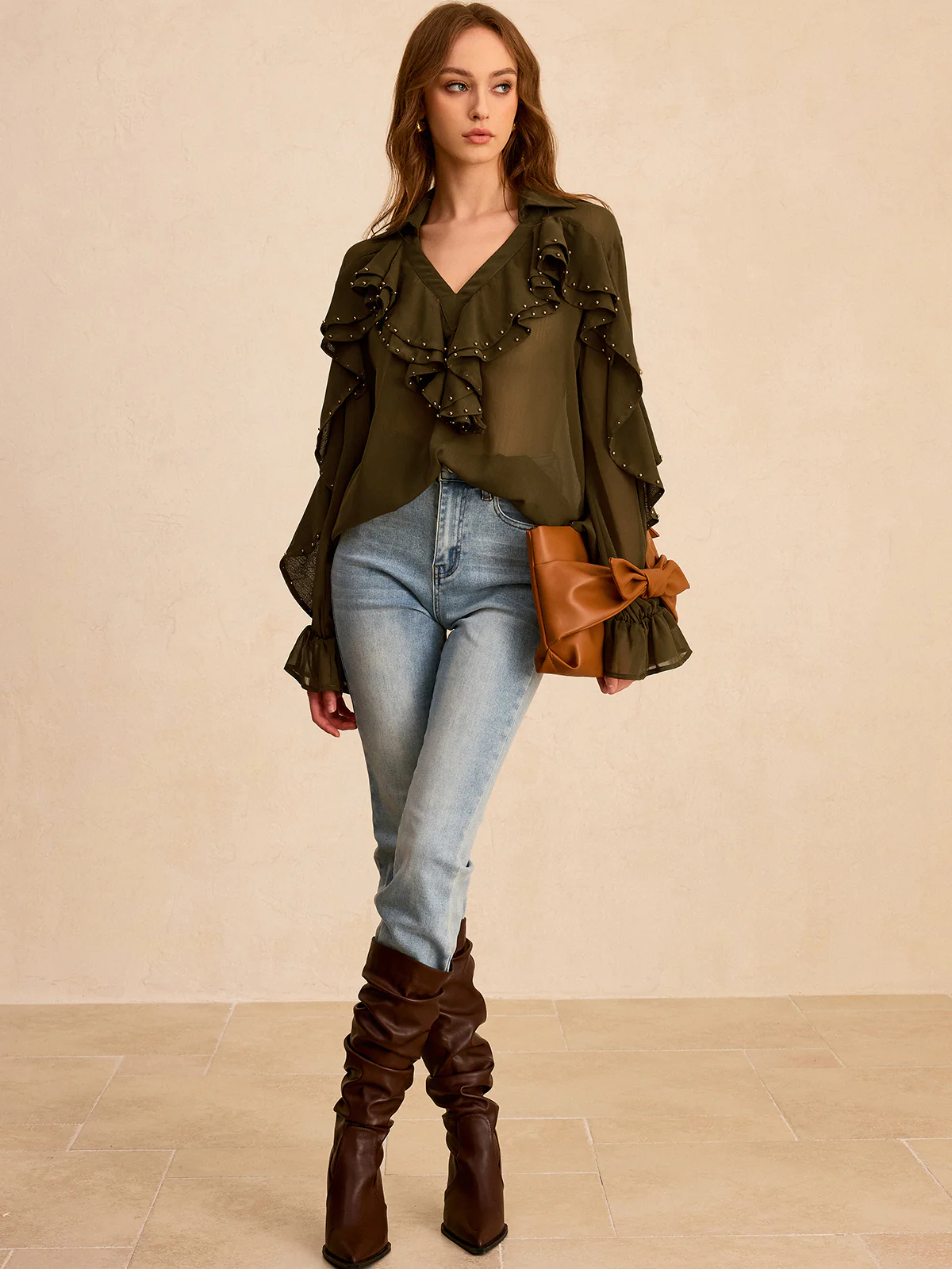 Semi-Sheer Chiffon Ruffle Shirt with Stud Embellishments - Wholesalesil