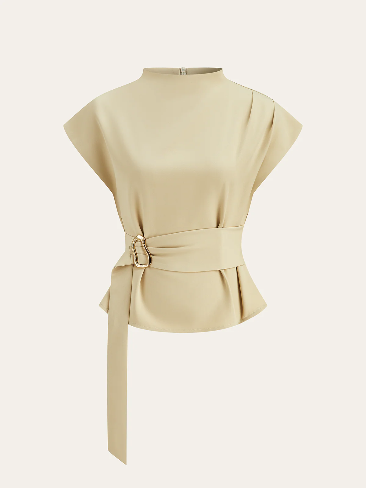 Belted Mock Neck Short-Sleeve Blouse - Wholesalesil