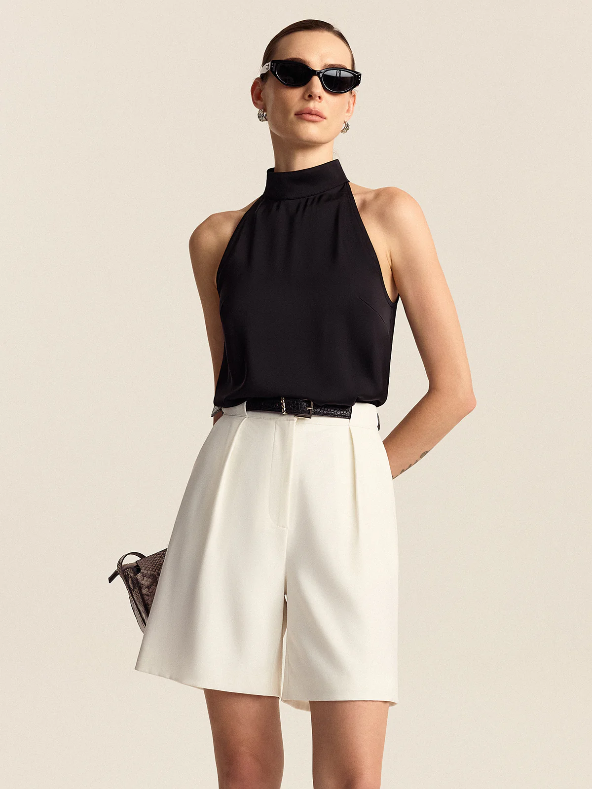 Belted Pleated Mid-Waisted Shorts - Wholesalesil