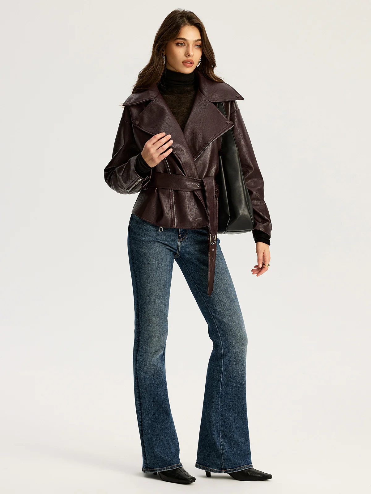Zip Front Belted Faux Leather Jacket - Wholesalesil