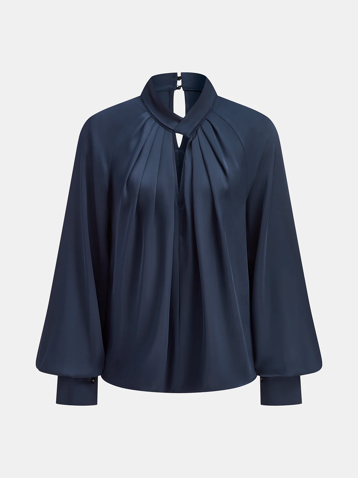 Keyhole Neck Bishop Sleeve Satin Blouse - Wholesalesil