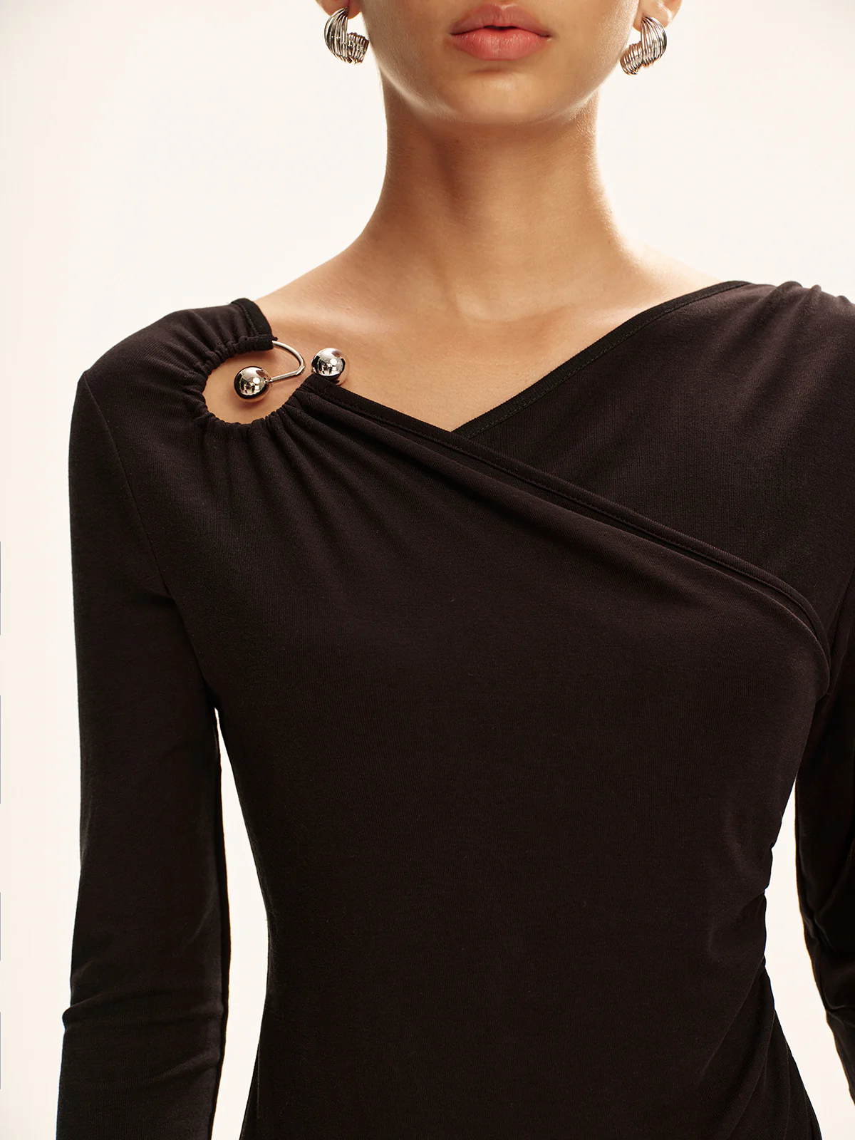 Asymmetric Cut-Out Long-Sleeve T-Shirt - Wholesalesil