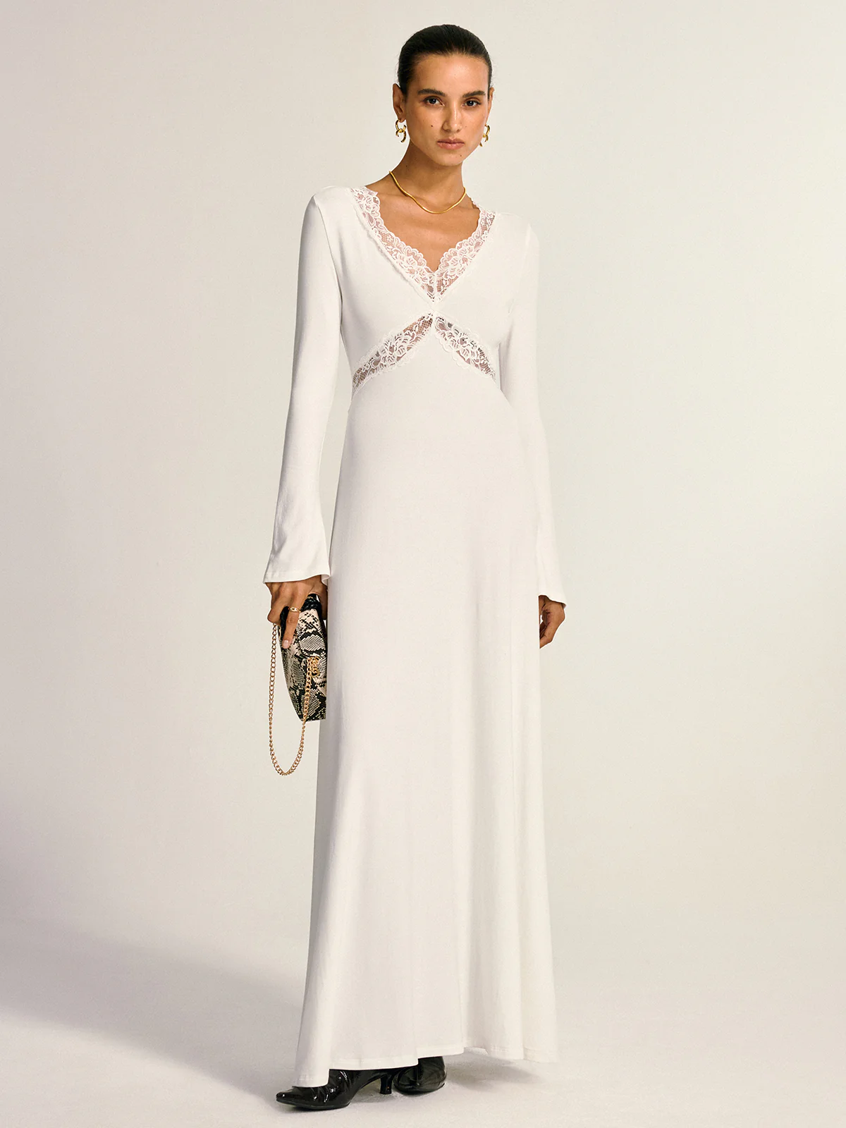 Lace Cross Paneled Long Sleeve Maxi Dress - Wholesalesil