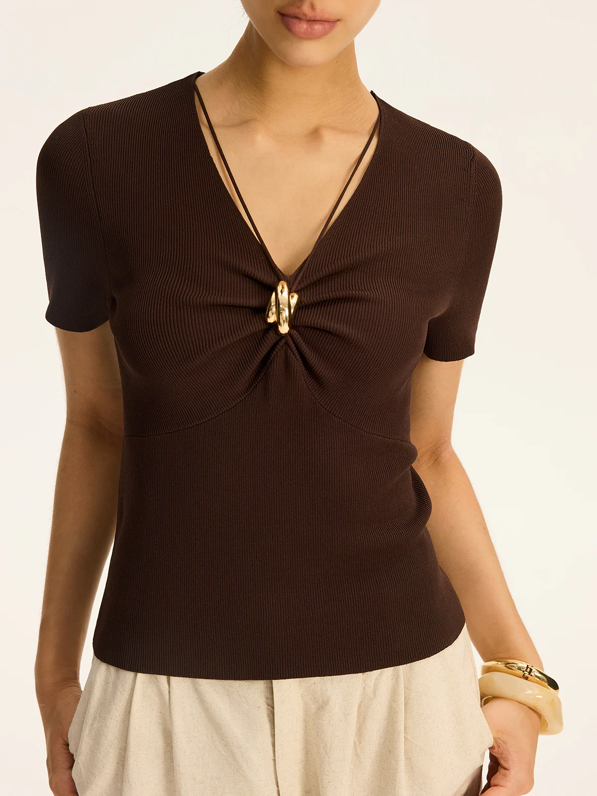 Metal Detail Ribbed Knit Top - Wholesalesil