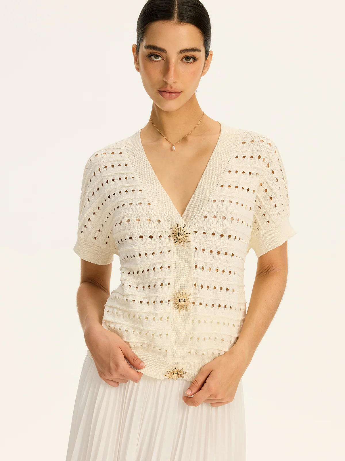 Eyelet Knit Metal Button V-Neck Cardigan - Wholesalesil