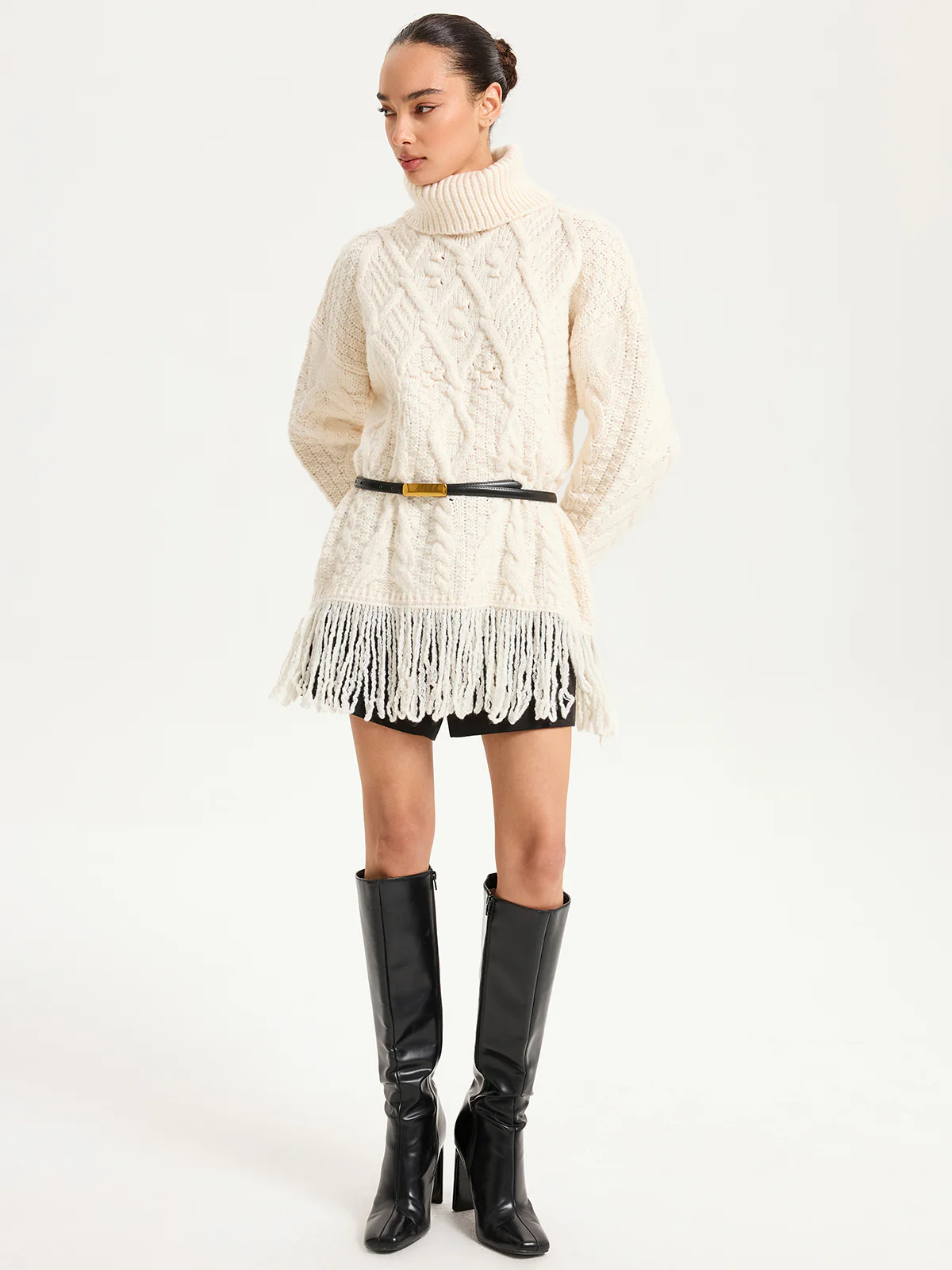 Fringe Hem Cable-Knit Turtleneck Sweater - Wholesalesil
