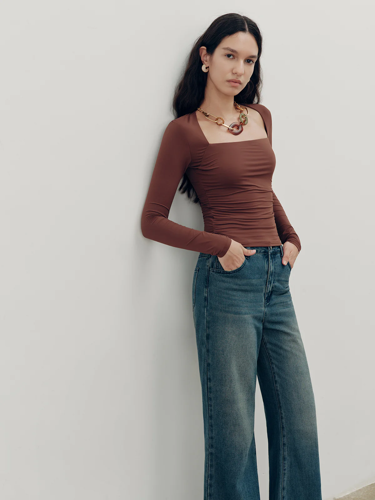 Square-Neck Ruched Long Sleeve Top - Wholesalesil