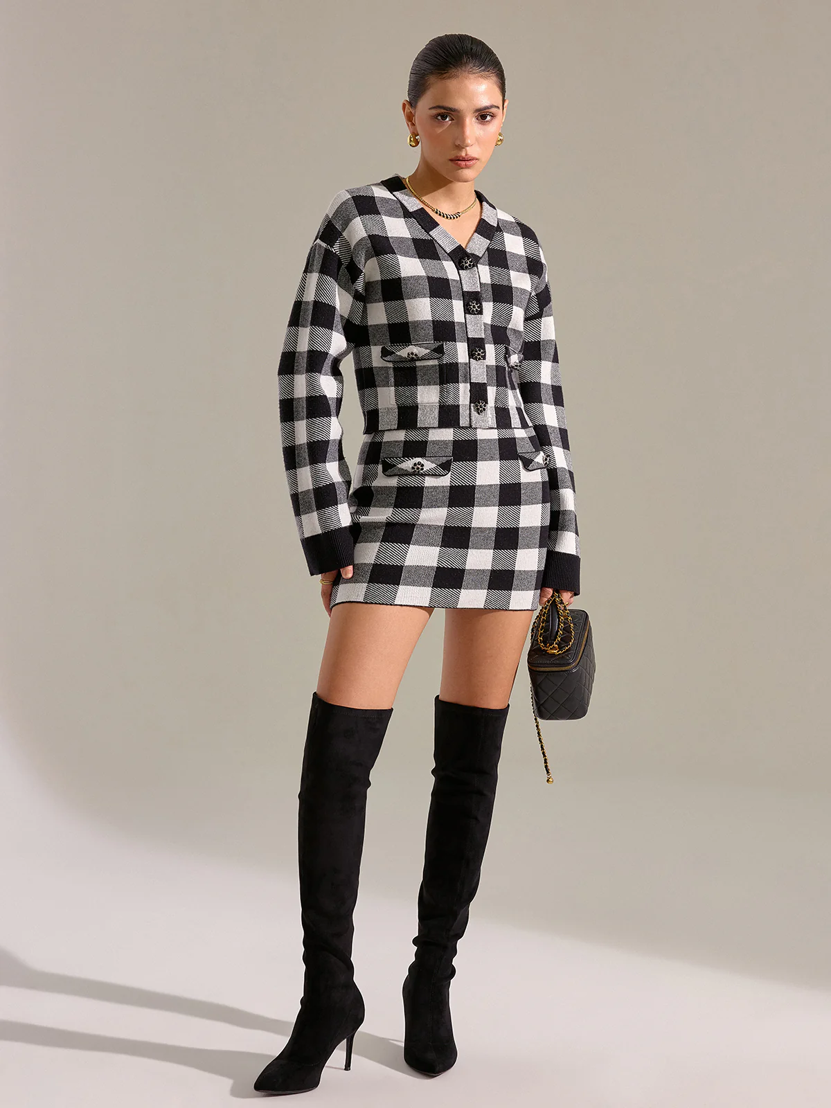 Checkered Wool Blend Button Cardigan - Wholesalesil