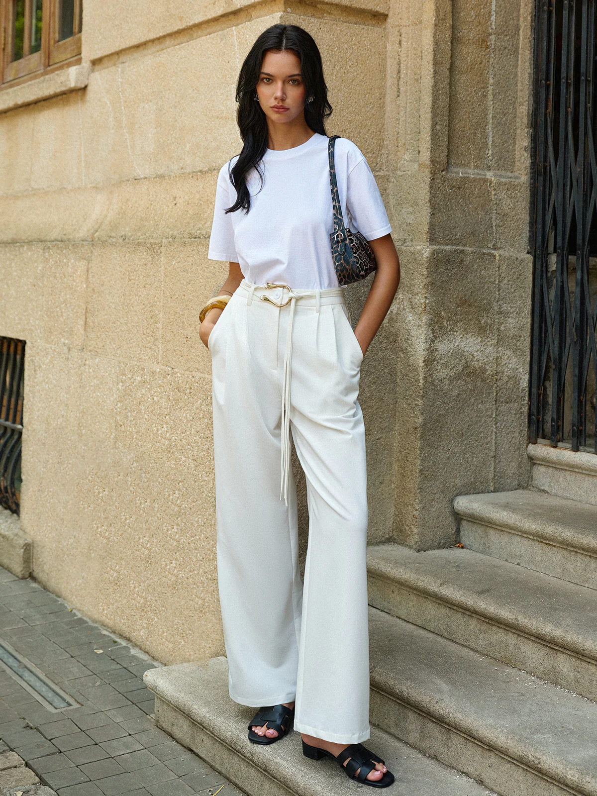 Belted Mid-Waisted Wide-Leg Pants - Wholesalesil