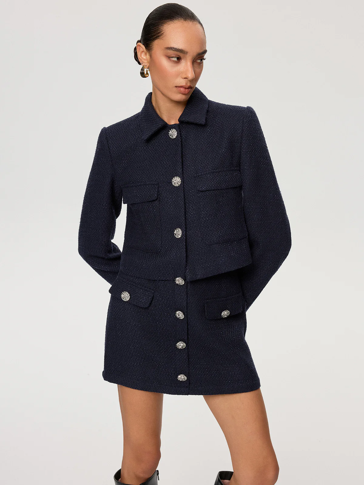 Metal Button Tweed Collared Jacket - Wholesalesil