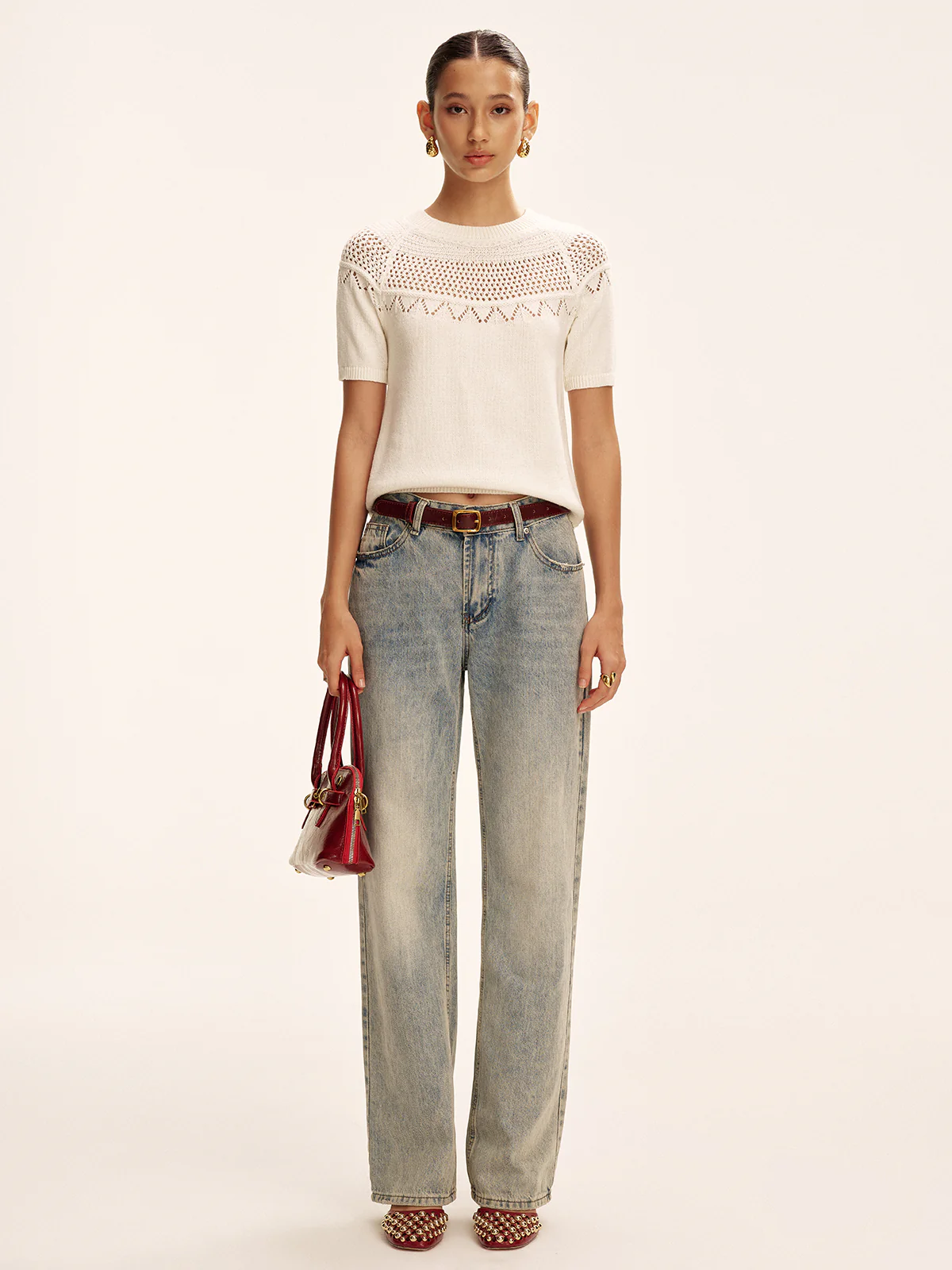 Short-Sleeve Eyelet Knit Sweater - Wholesalesil