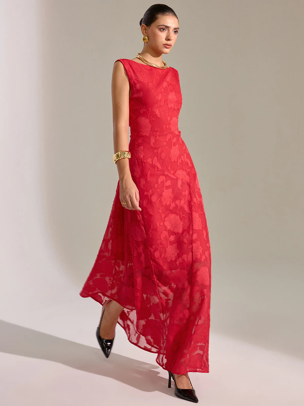 Floral Jacquard Sleeveless Maxi Dress - Wholesalesil
