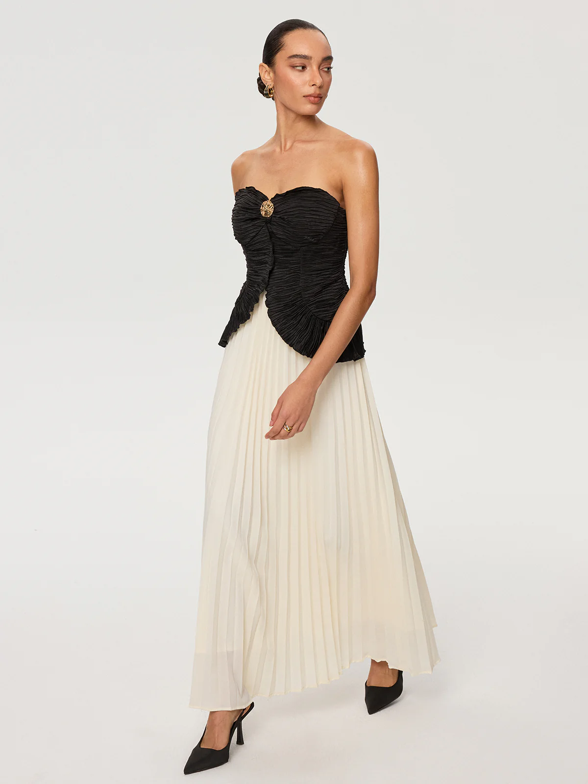 Color-Block Strapless Pleated Chiffon Maxi Dress - Wholesalesil