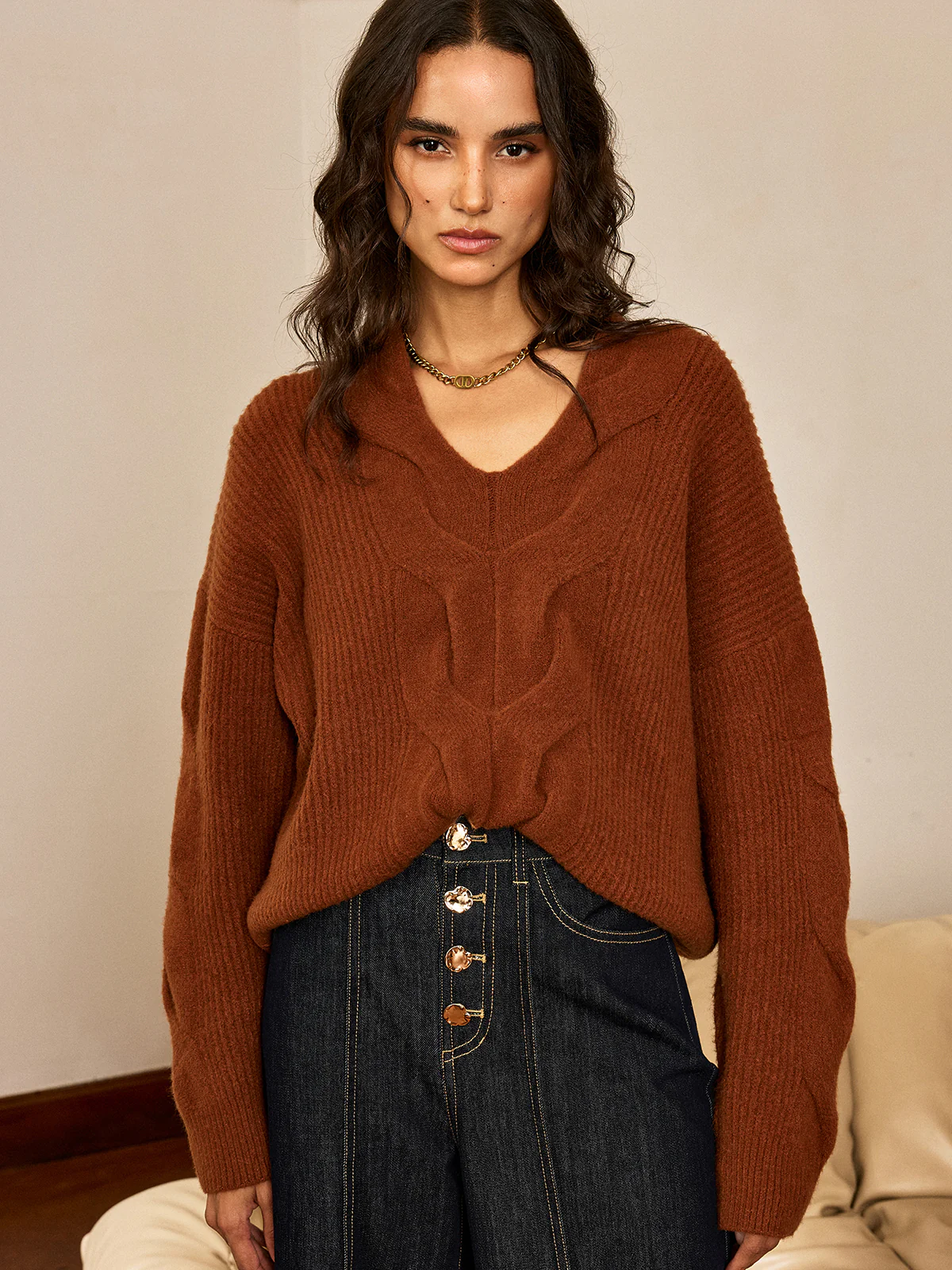 Wool Blend Textured Knit V-Neck Sweater - Wholesalesil