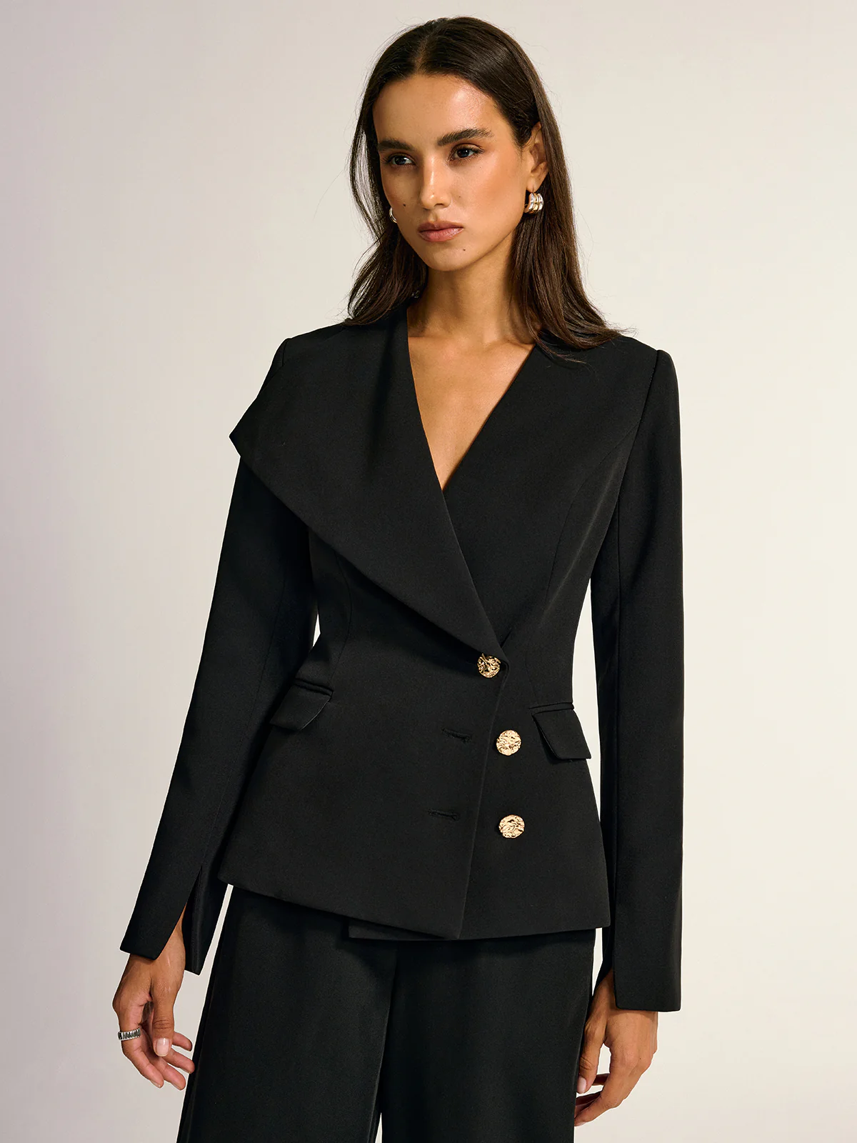 Metal Button Shawl Collar Blazer - Wholesalesil