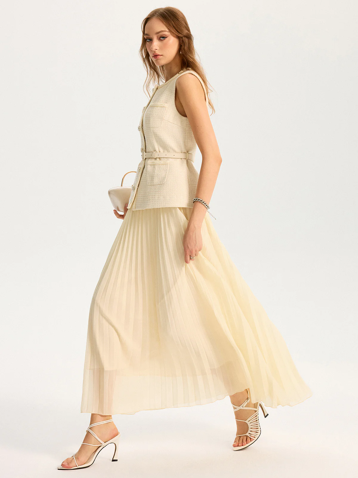 Tweed Sleeveless Vest and Pleated Maxi Skirt Set - Wholesalesil