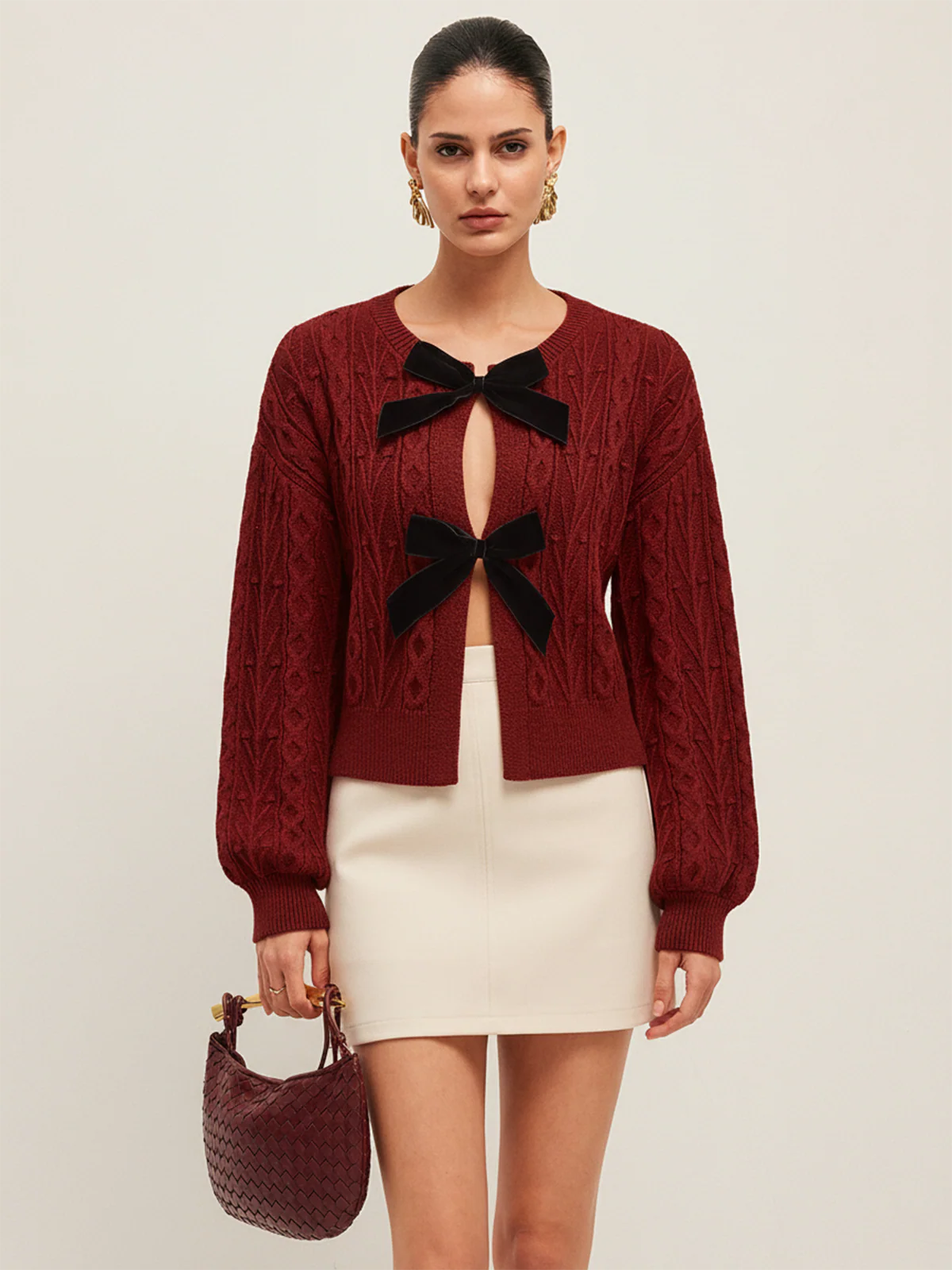 Wool Blend Bow Cable-Knit Cardigan - Wholesalesil