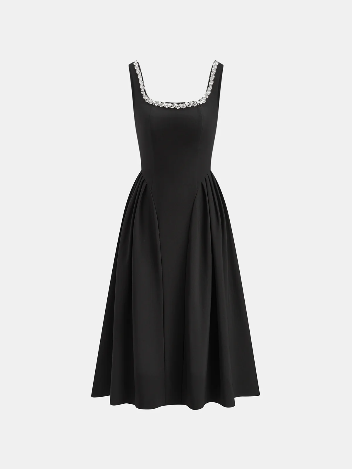 Sleeveless Square Neck Diamond Trim Flare Dress - Wholesalesil