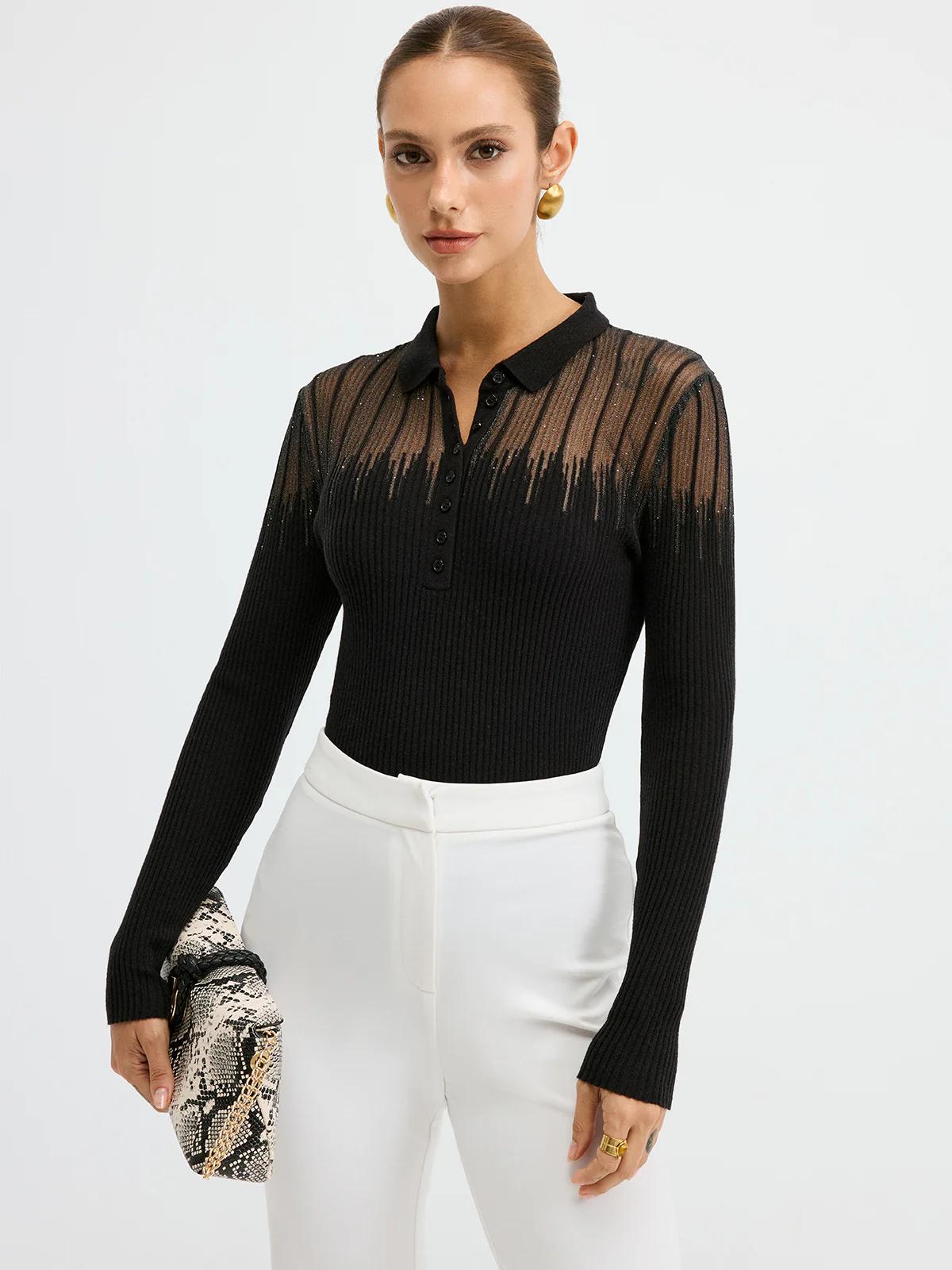 Glitter Detail Sheer Panel  Polo Knit Top - Wholesalesil
