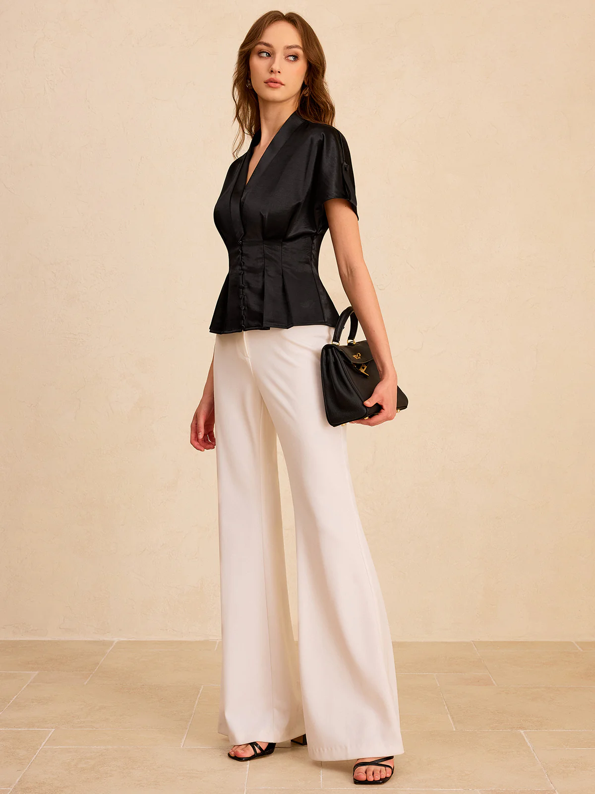 Satin Pleated Button Peplum Top - Wholesalesil