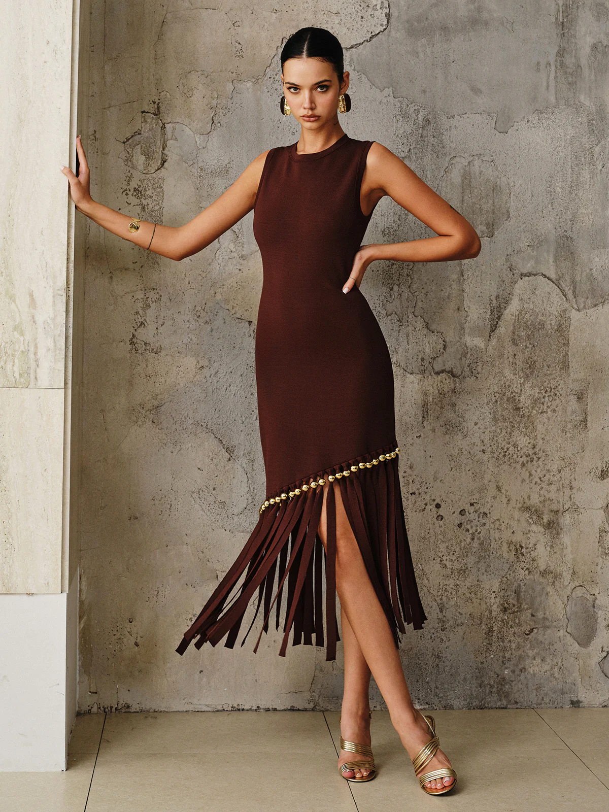 Asymmetric Fringe Metal Bead Detail Maxi Dress - Wholesalesil