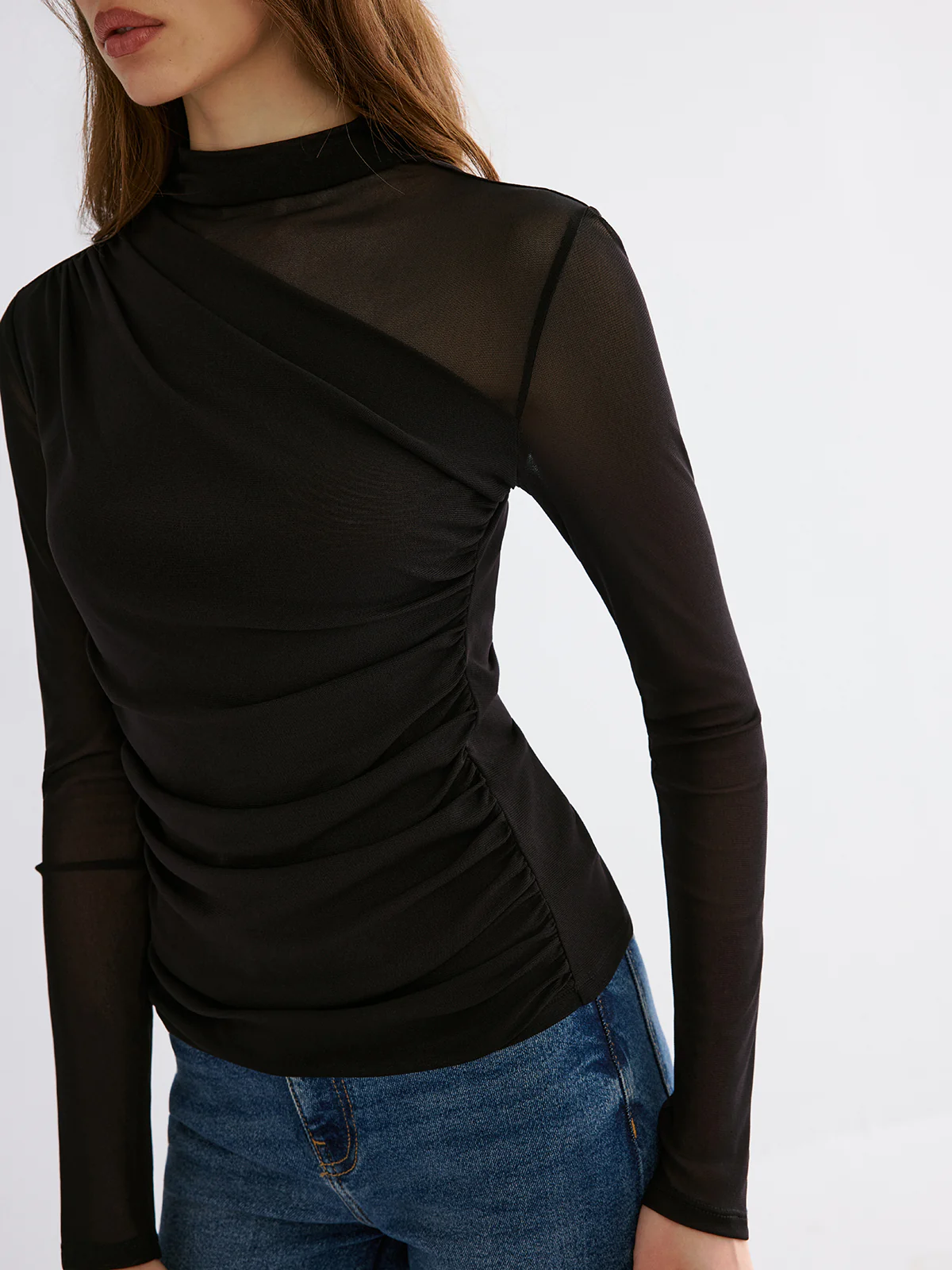 Mesh Paneled Ruched Long Sleeve Knit Top - Wholesalesil