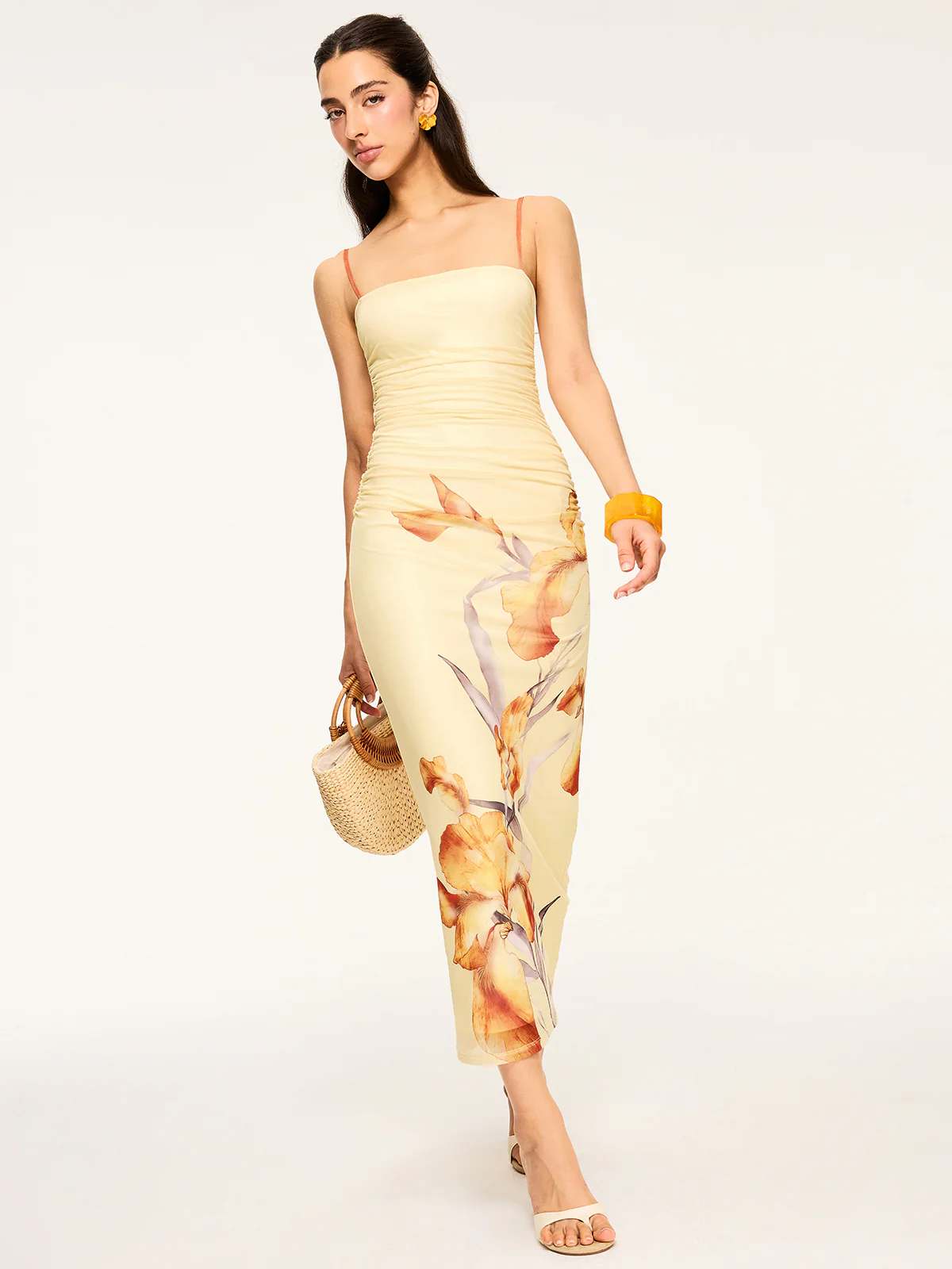 Floral Print Ruched Maxi Dress - Wholesalesil