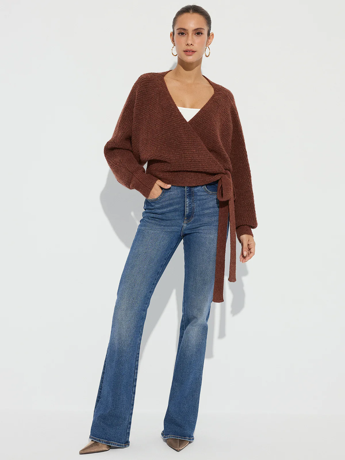 Wool Blend V-Neck Wrap Knit Top - Wholesalesil