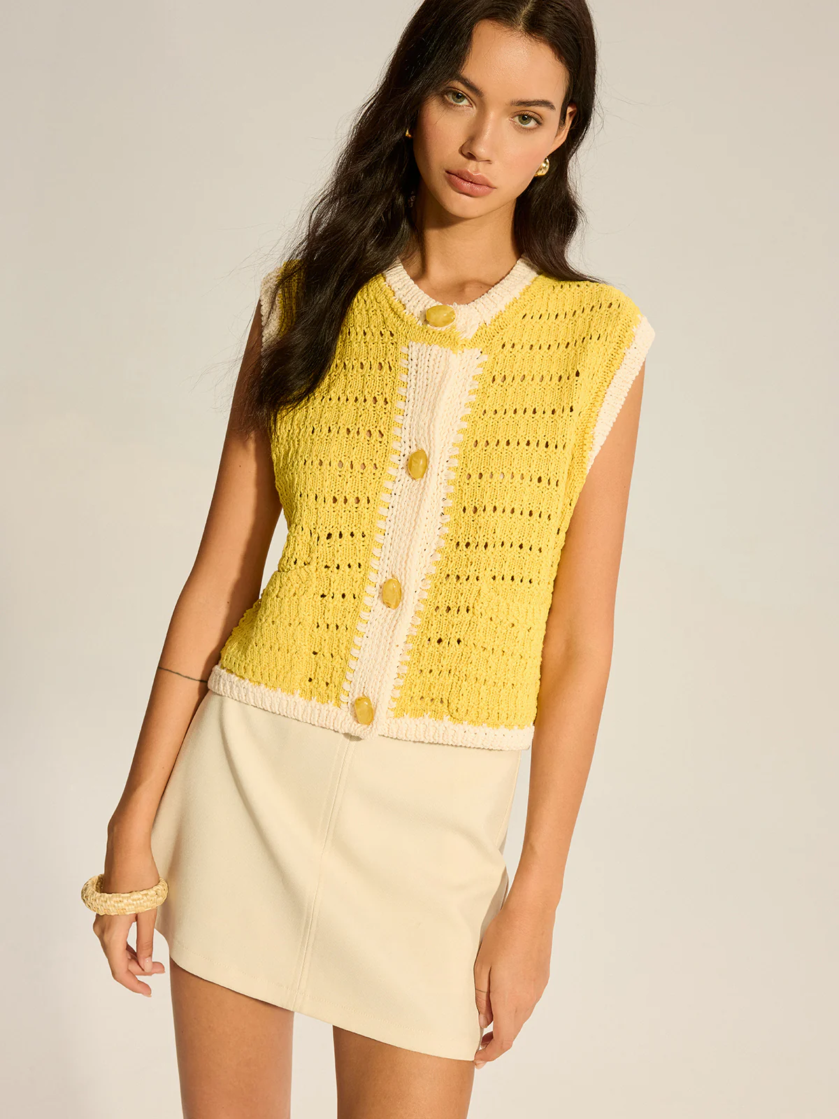Crochet Knit Vest with Contrast Trim - Wholesalesil